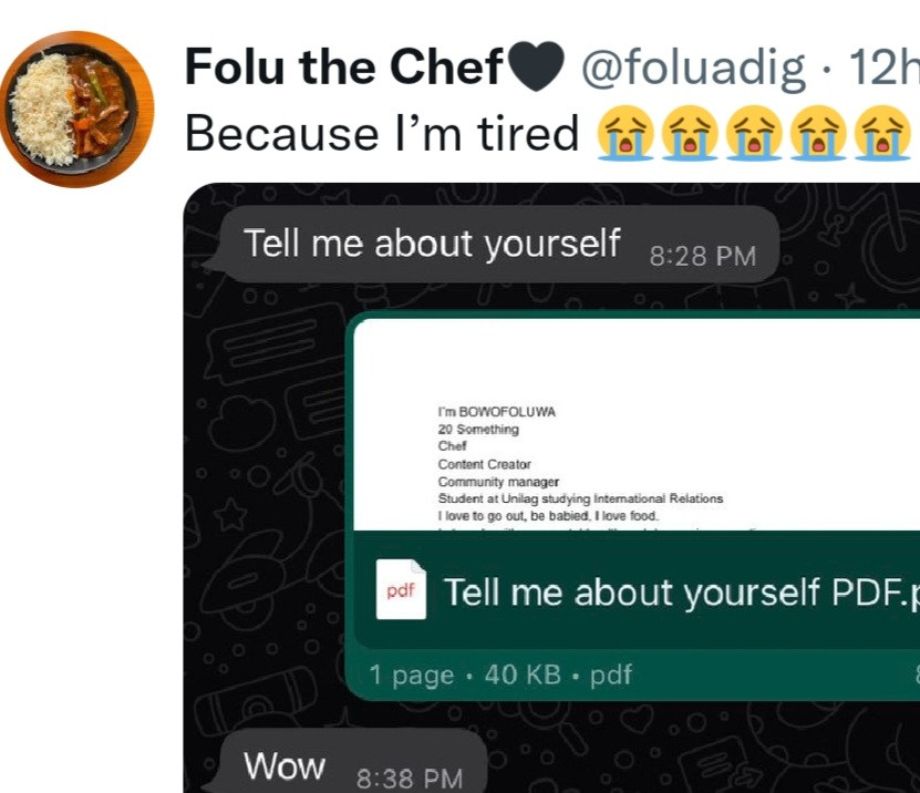 Chef comes up with solution to answering "tell me about yourself" questions