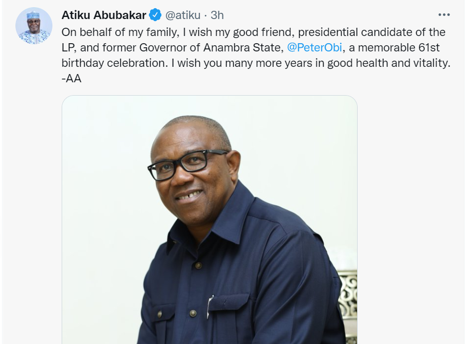 Atiku Abubakar celebrates Peter Obi on his birthday 