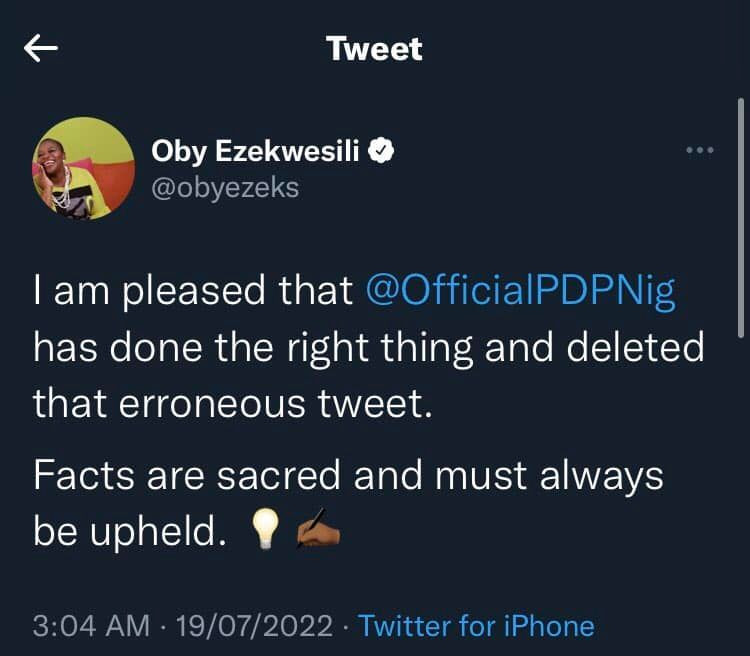 PDP deletes tweet after being called out by Oby Ezekwesili for using her photo to allegedly make a false claim
