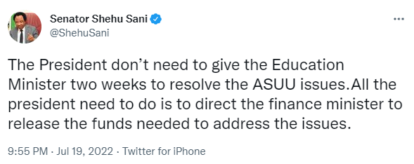 All the President needs to do is direct the finance minister to release funds needed to address the issues - Shehu Sani reacts to Buhari?s two weeks ultimatum to education minister to resolve ASUU strike
