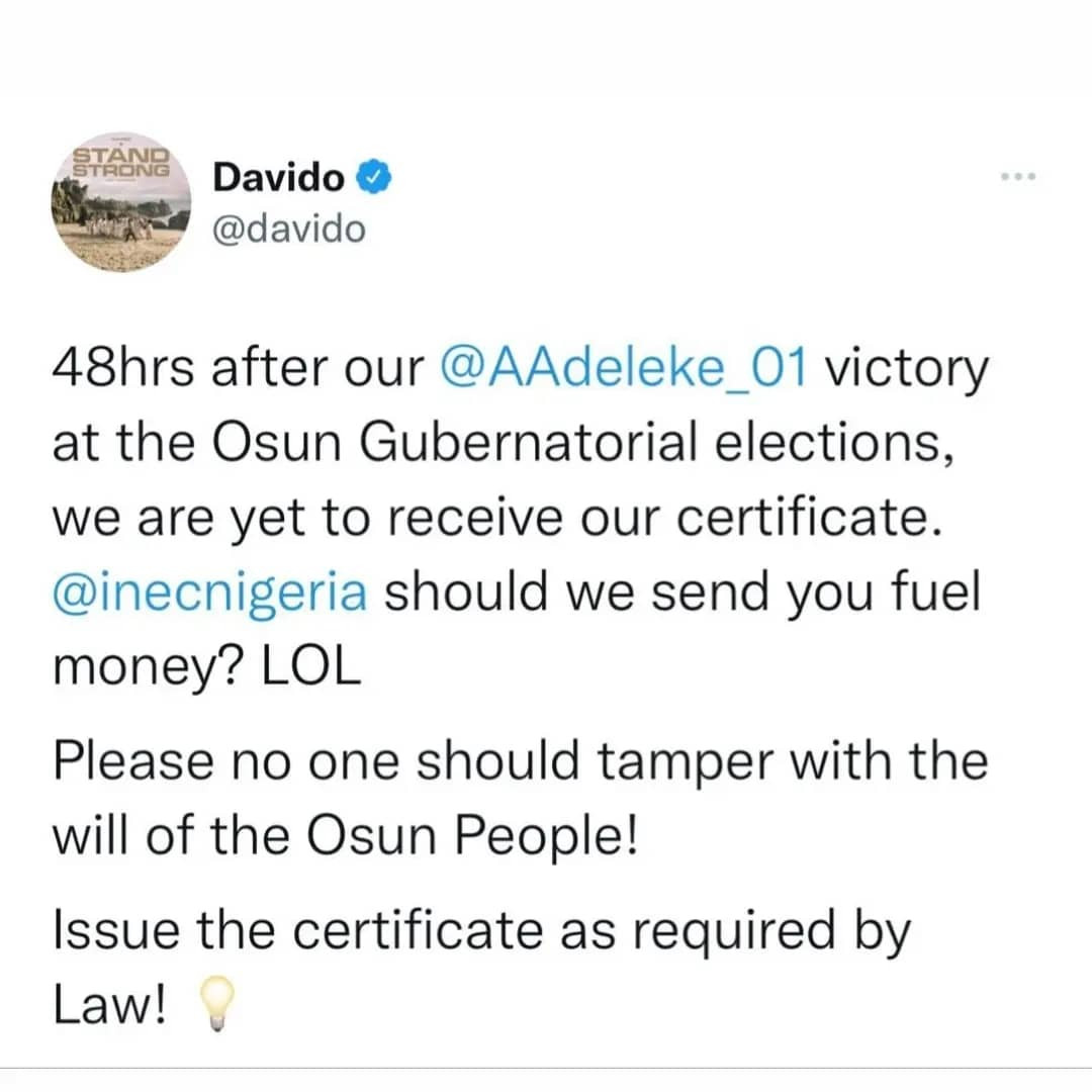  I put my career on the line. I feel victorious - Davido celebrates as his uncle Ademola Adeleke picks up his Certificate of Return from INEC