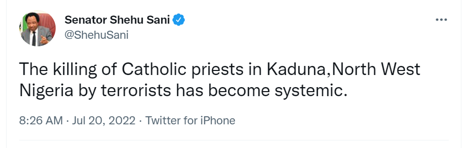 The killing of Catholic priests in Kaduna and North West region is becoming systemic - Shehu Sani 