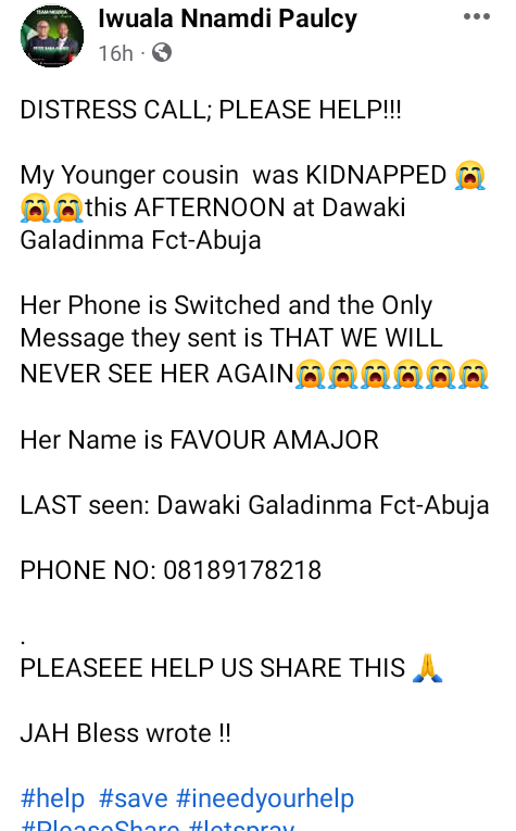 Young lady allegedly kidnapped in Abuja, abductors tell family "you will never see her again"