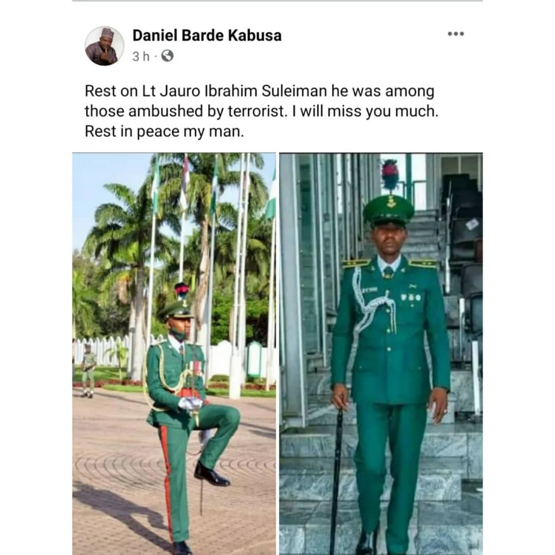 More tributes pour in for Nigerian soldier, Lieutenant Suleiman killed by bandits during an ambush in Abuja 