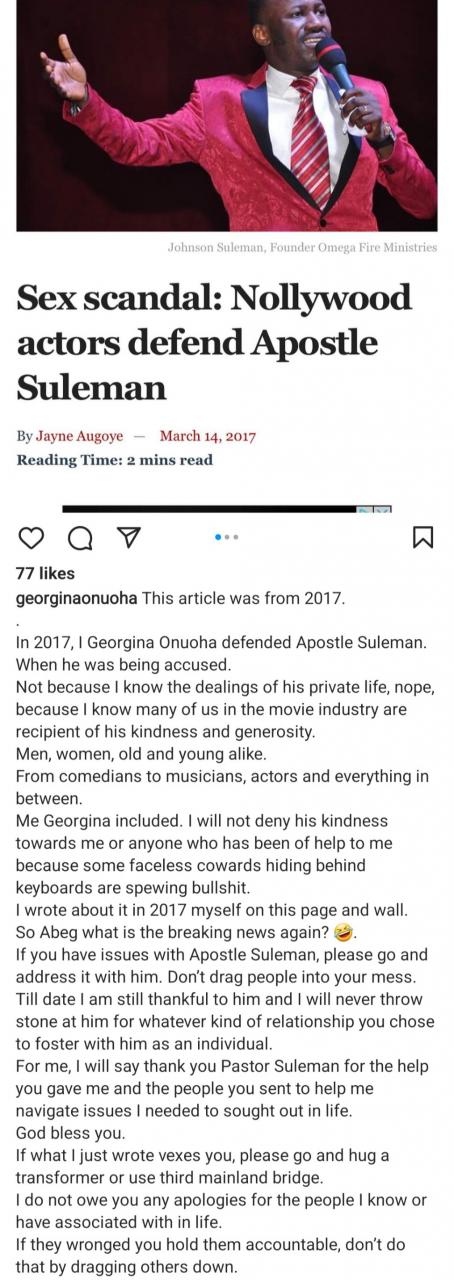 Georgina Onuoha slams reports naming her as one of the Nollywood actresses who allegedly slept with Apostle Johnson Suleman