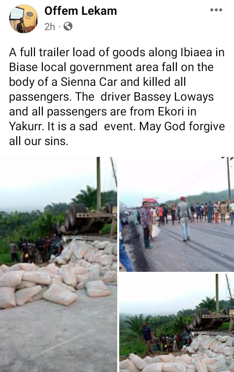 Five killed as cement-laden truck rams into vehicle in Cross River 