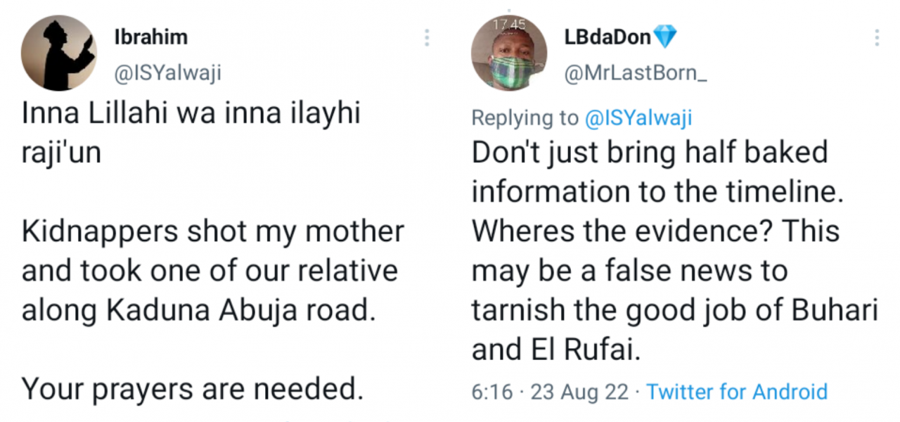 This may be false news to tarnish the good job of Buhari and El Rufai - Twitter user tells man who said his mother was shot by bandits along Abuja-Kaduna highway  
