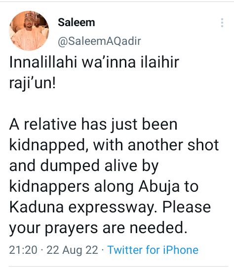 This may be false news to tarnish the good job of Buhari and El Rufai - Twitter user tells man who said his mother was shot by bandits along Abuja-Kaduna highway  