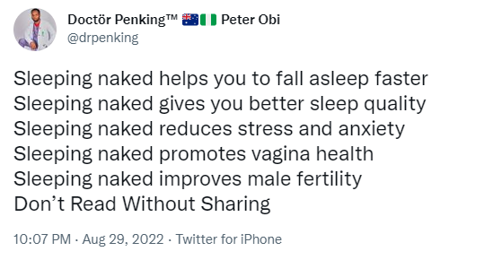 Sleeping naked improves male fertility - Nigerian doctor says