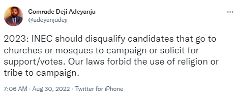 "Our laws forbid the use of religion or tribe to campaign" Deji Adeyanju urges INEC to disqualify candidates visiting churches and mosques