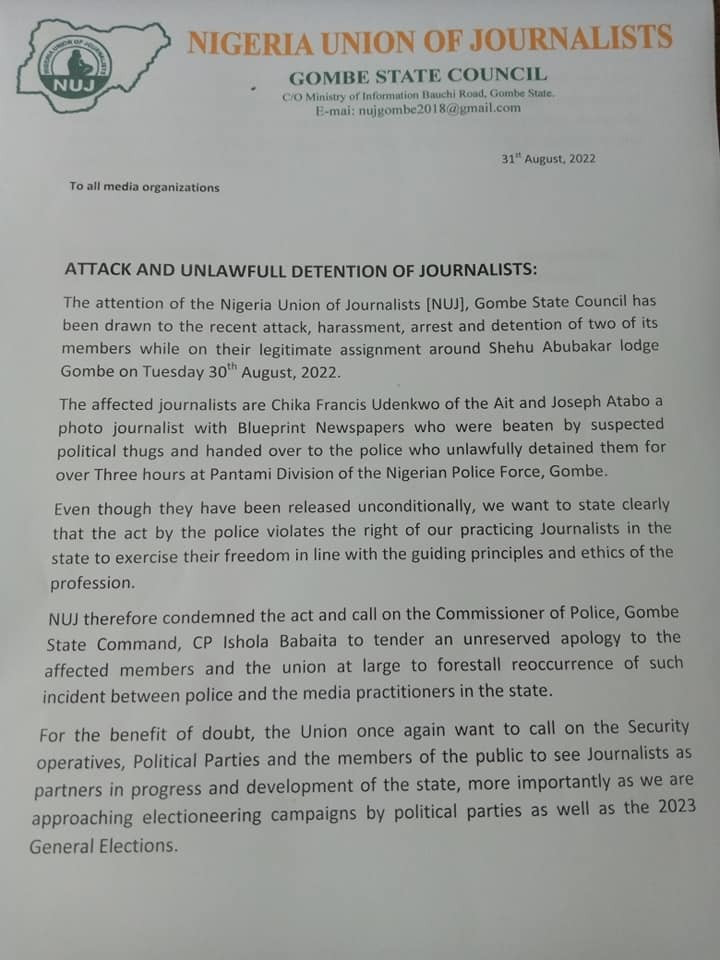 NUJ Gombe condemns attack and unlawful detention of its members by political thugs and police