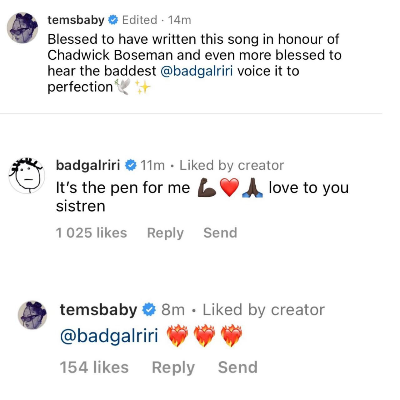 Rihanna shows love to Tems as she comments on her post after they collaborated on a new song